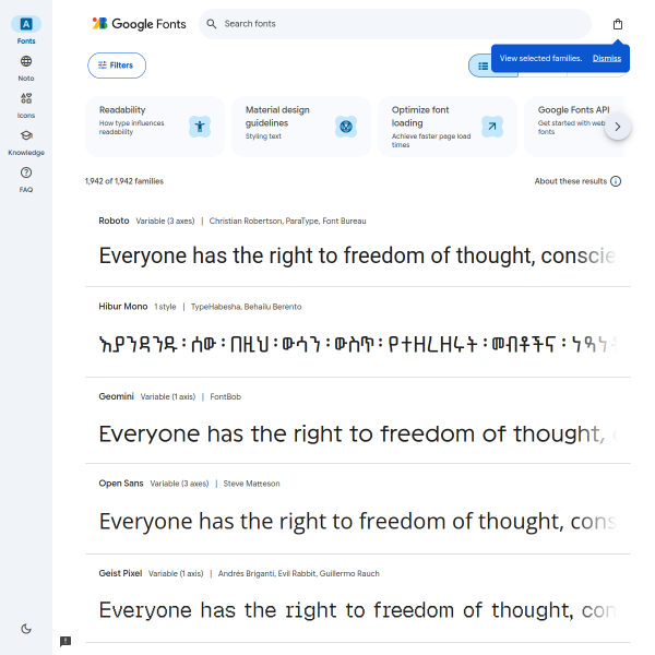Google Fonts官网截图