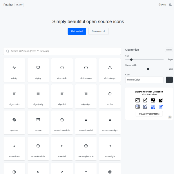 Feather Icons官网截图
