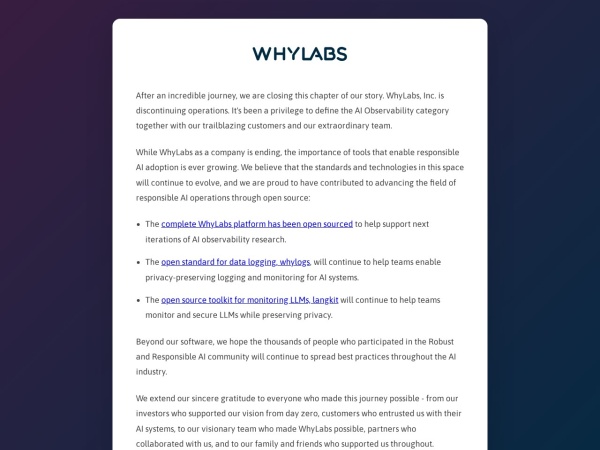 WhyLabs官网截图